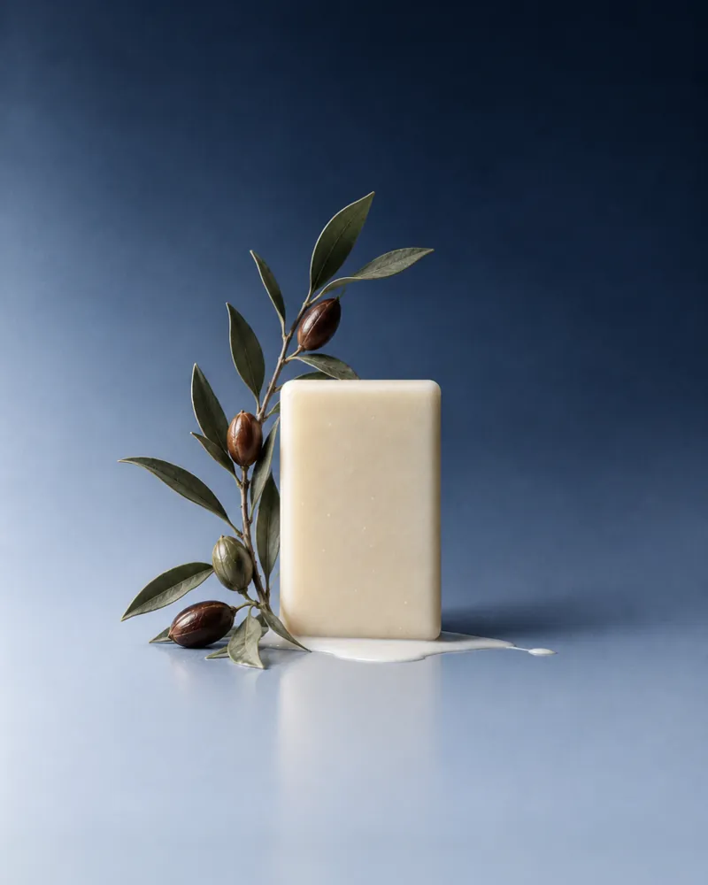 Verse 003 Velvet Moonlight: an ivory bar standing in a little milk beside an olive branch, on a navy ground.
